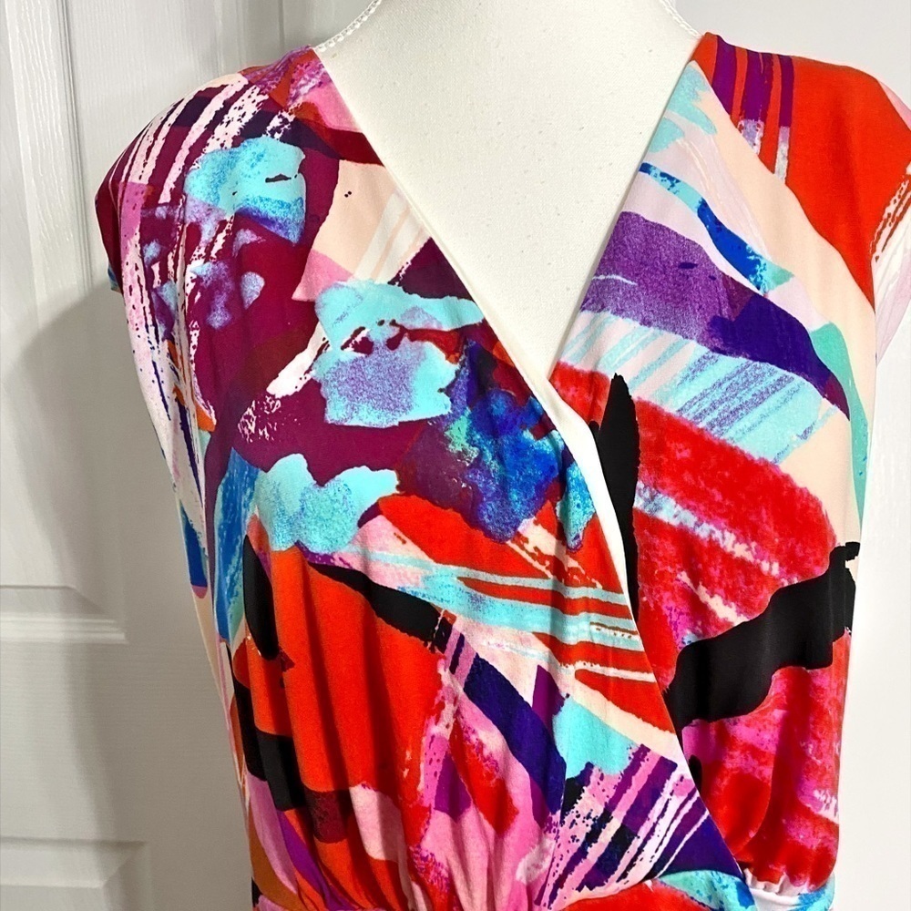 LONDON TIMES MULTICOLOR PAINT SPLASH FASHION FAUX WRAP MIDI DRESS - Picture 3 of 14